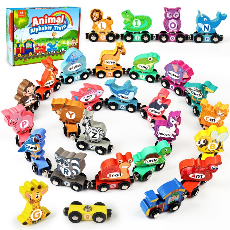 Vanmor Wooden Train Set for Toddlers SnapConnection Animal Trains Magnetic Alphabet Train Learning Toys STEM Preschool Toys ABC and Animal Play Set for Kids Ages 35 - Image 2