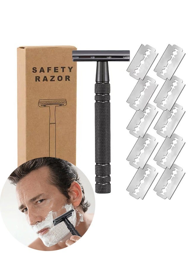 Beauenty Double Edge Safety Razor Set with 10 Piece Blades, Reusable Long Handle Metal Shaver - Black - Image 1
