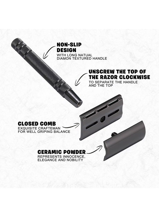 Beauenty Double Edge Safety Razor Set with 10 Piece Blades, Reusable Long Handle Metal Shaver - Black - Image 2
