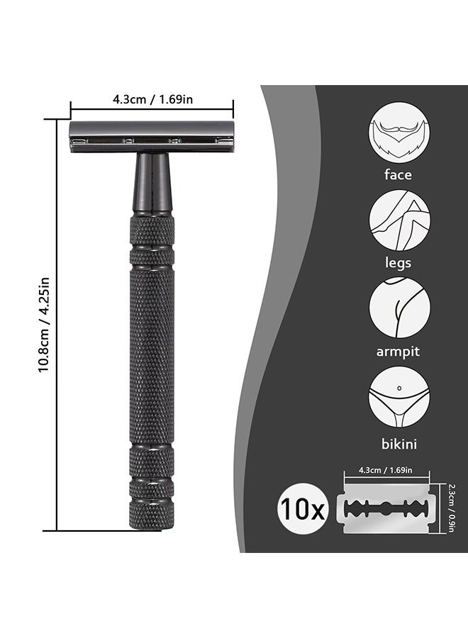 Beauenty Double Edge Safety Razor Set with 10 Piece Blades, Reusable Long Handle Metal Shaver - Black - Image 3