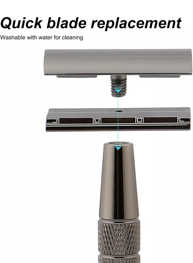 Beauenty Double Edge Safety Razor Set with 10 Piece Blades, Reusable Long Handle Metal Shaver - Black - Image 4