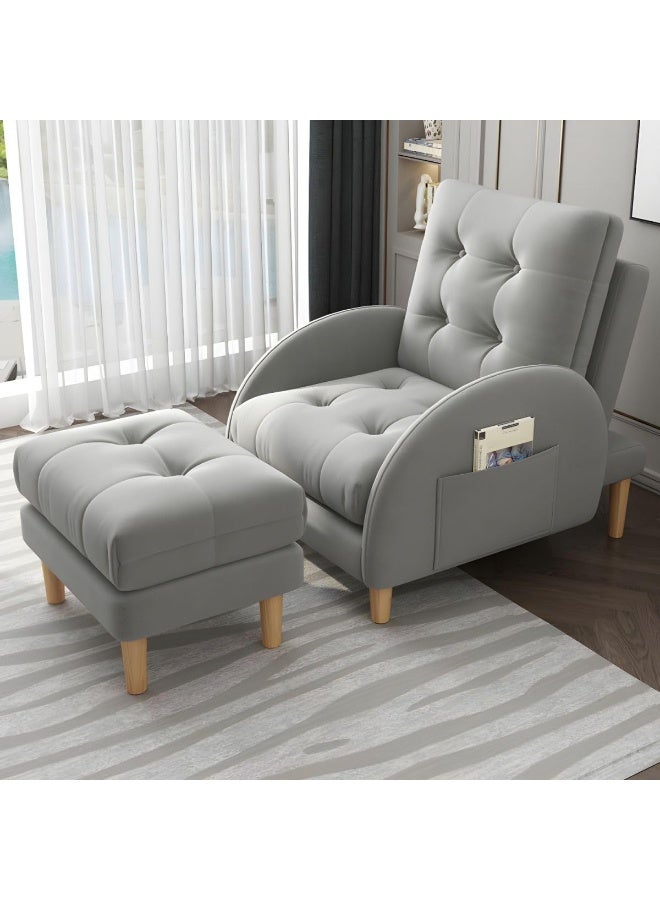 Ripple FURNITURE UAE Homes Modern Tufted Accent Chair with Ottoman, Fabric Upholstery, 4-Leg Base (Light Grey with Ottoman) - Image 1