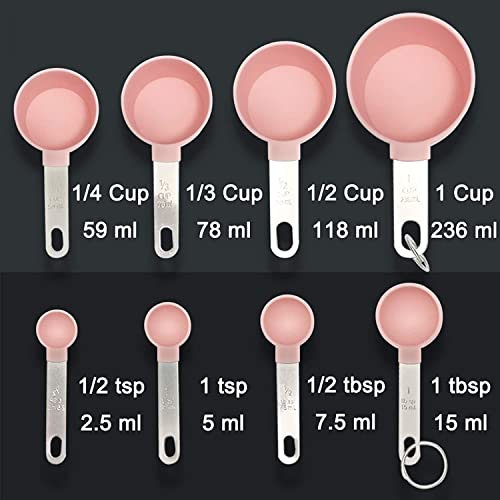 ZIVIK Stackable Measuring Cups and Spoons Set of 8 Pieces，Nesting Measure Cups with Stainless Steel Handle, Food Grade Measuring Cup & Spoon Set, Clear Measurement Mark (Pink) - Image 2