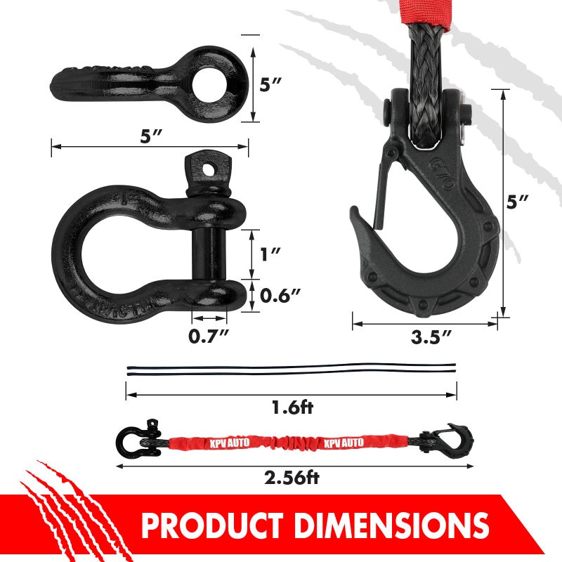 XPV AUTO Recovery Strap (18,000lb.) 2FT with Winch Hook and D-Ring Shackle Synthetic Tow Recovery Rope for ATV Mud Recovery - Image 3