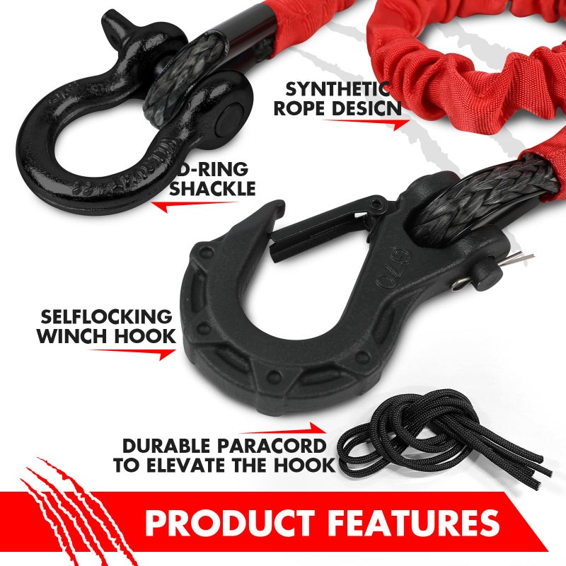 XPV AUTO Recovery Strap (18,000lb.) 2FT with Winch Hook and D-Ring Shackle Synthetic Tow Recovery Rope for ATV Mud Recovery - Image 2