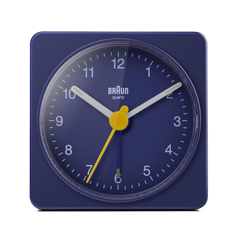 Braun Classic Travel Analogue Clock Compact Size Quiet Quartz Movement Crescendo Beep Alarm in Blue Model BC02BL One Blue One Size Classic - Image 1