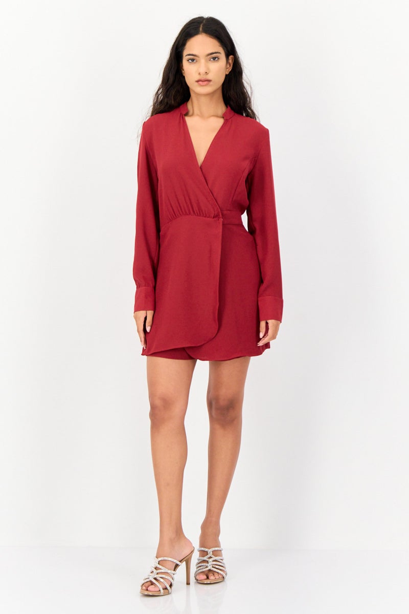 KOTON Women Solid Long Sleeves Playsuit, Red - Image 2