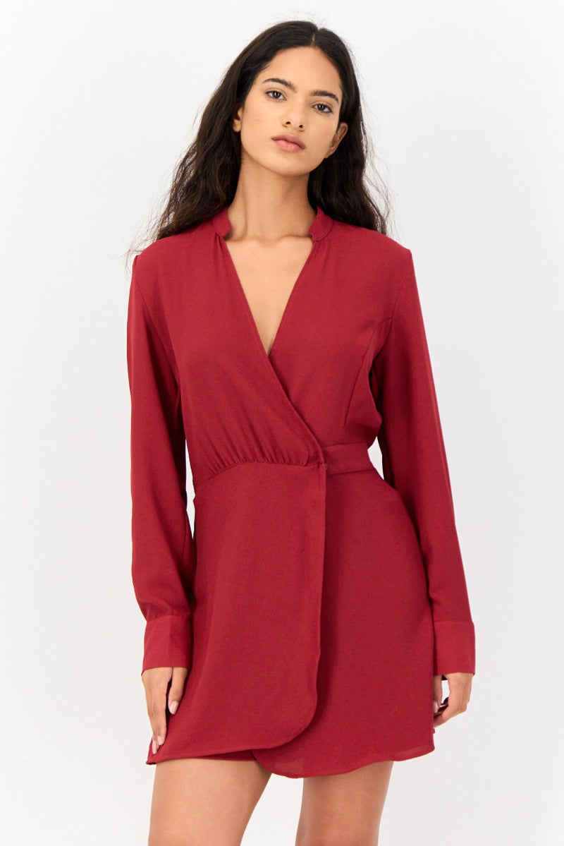 KOTON Women Solid Long Sleeves Playsuit, Red - Image 1