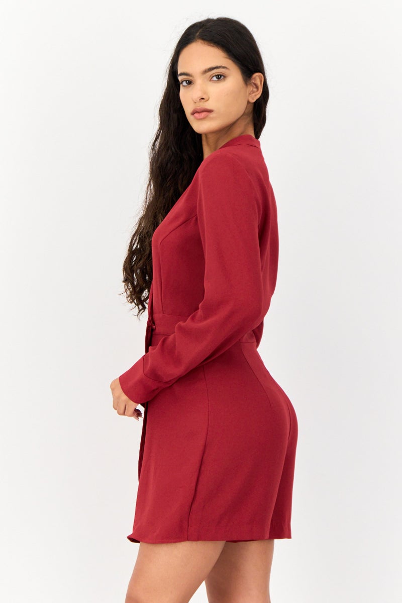 KOTON Women Solid Long Sleeves Playsuit, Red - Image 4