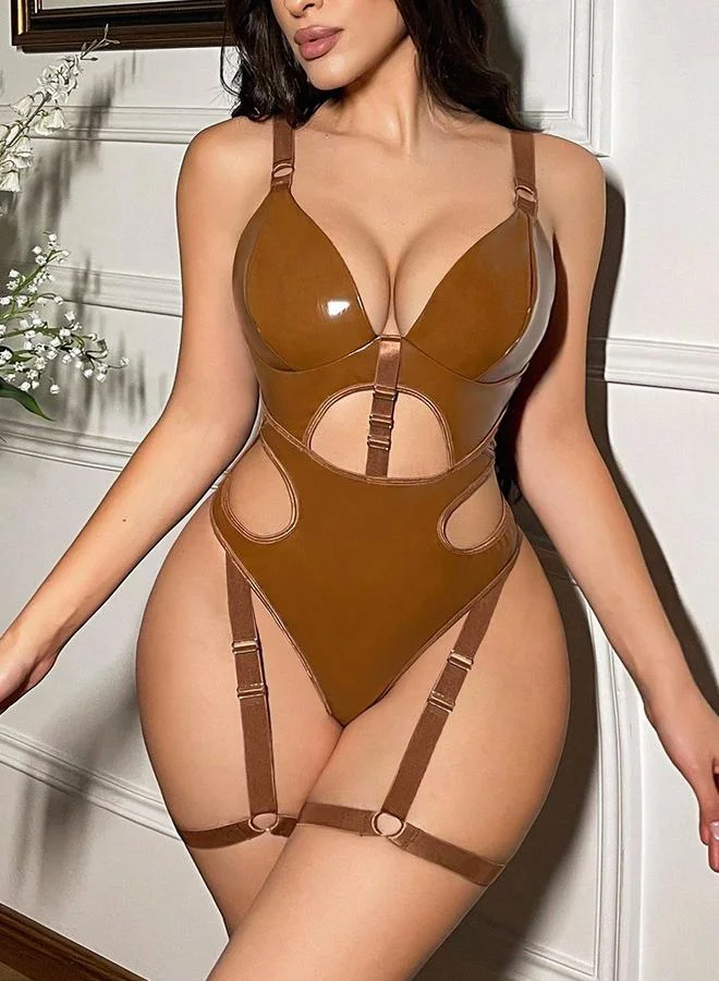 Take Two Brown Solid Cutout Detail Bodysuit