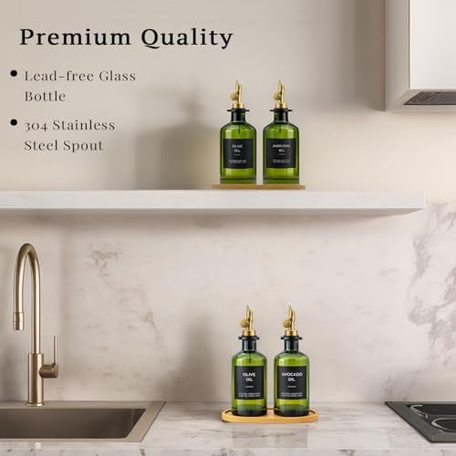 Gelury Olive Oil Dispenser Set, 2 x 11.8oz Deep Green Glass Bottles with Auto-Flip Spouts & 2 Capped Spare Spouts, Bamboo Tray, Oil & Vinegar Cruet (Green) - Image 5