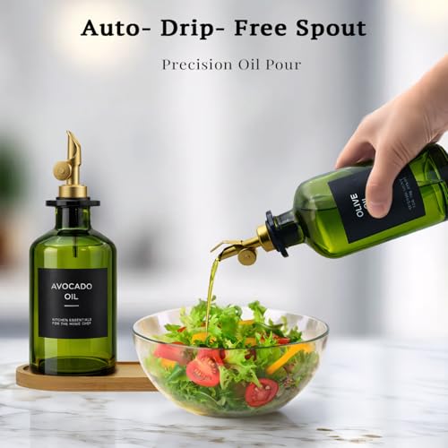 Gelury Olive Oil Dispenser Set, 2 x 11.8oz Deep Green Glass Bottles with Auto-Flip Spouts & 2 Capped Spare Spouts, Bamboo Tray, Oil & Vinegar Cruet (Green) - Image 3