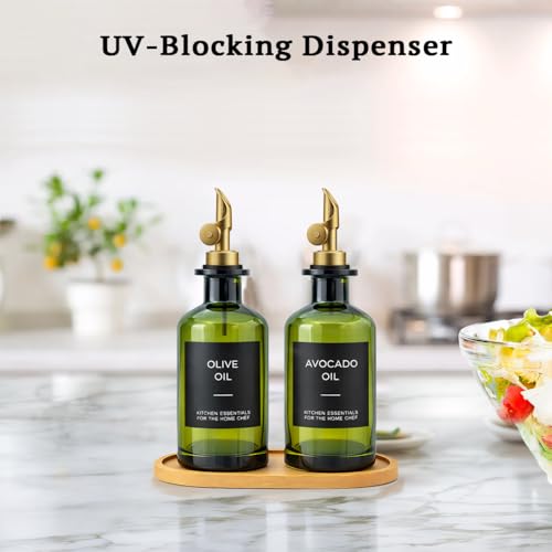 Gelury Olive Oil Dispenser Set, 2 x 11.8oz Deep Green Glass Bottles with Auto-Flip Spouts & 2 Capped Spare Spouts, Bamboo Tray, Oil & Vinegar Cruet (Green) - Image 4