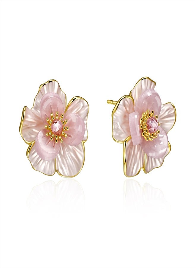 AllenCOCO Pink Flower Earrings for Women, 925 Sterling Silver Stud Earrings, Cute Plumeria Earrings For Women, Cherry Blossom Hypoallergenic Stud, 0.71 x 0.67 inch, Sterling Silver, 18K Gold, Copper Cubic - Image 1