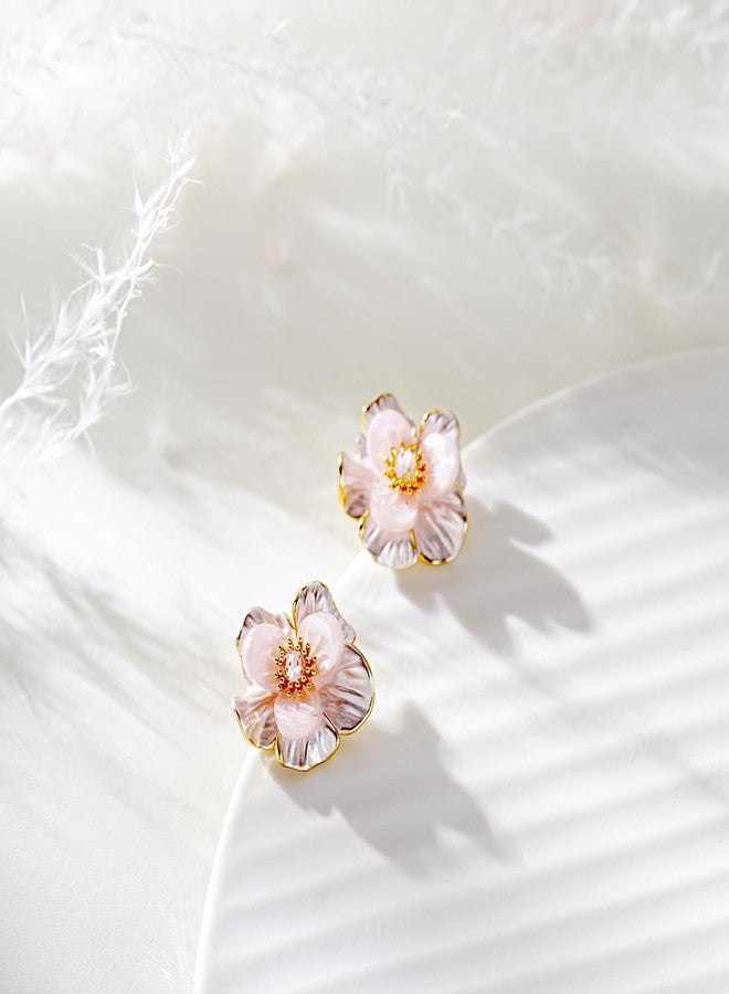 AllenCOCO Pink Flower Earrings for Women, 925 Sterling Silver Stud Earrings, Cute Plumeria Earrings For Women, Cherry Blossom Hypoallergenic Stud, 0.71 x 0.67 inch, Sterling Silver, 18K Gold, Copper Cubic - Image 2