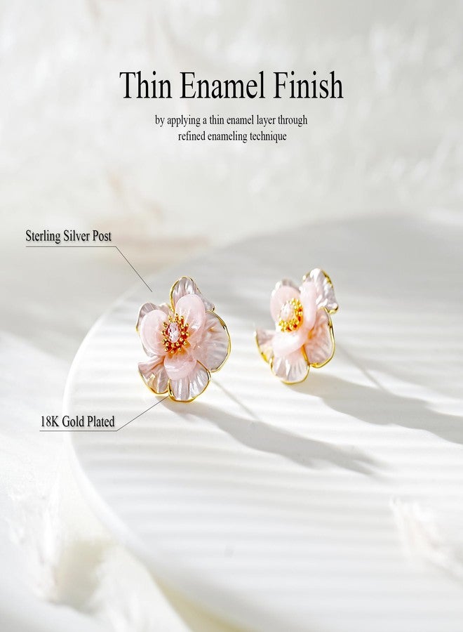 AllenCOCO Pink Flower Earrings for Women, 925 Sterling Silver Stud Earrings, Cute Plumeria Earrings For Women, Cherry Blossom Hypoallergenic Stud, 0.71 x 0.67 inch, Sterling Silver, 18K Gold, Copper Cubic - Image 4