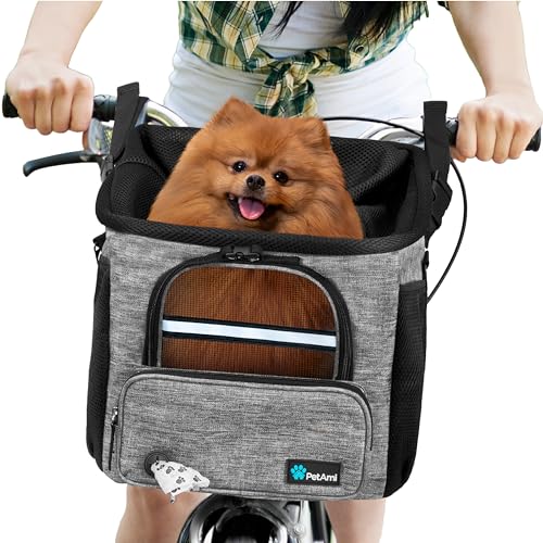 PetAmi Dog Bike Basket, Soft-Sided Ventilated Dog Bike Carrier Backpack, Pet Bicycle Basket for Bike Handlebar, Small Medium Puppy Cat Kitten Car Booster Seat with Safety Strap, Max 18 lbs, Gray - Image 1