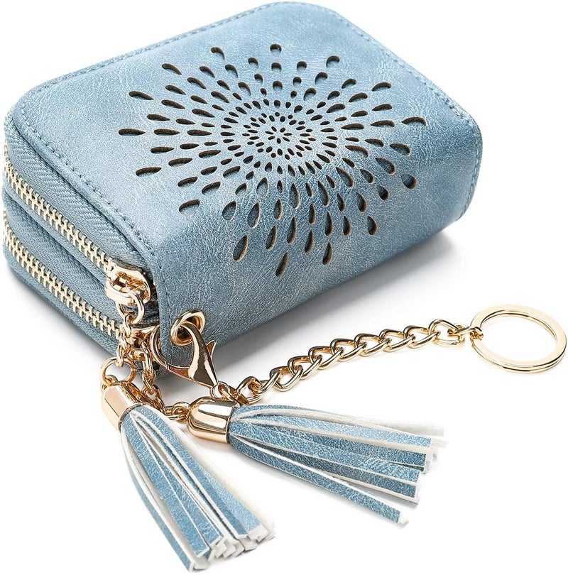 APHISON RFID Credit Card Holder Zipper Card Case Keychain Small Wallet for Women 1942-2 BLUE - Image 1