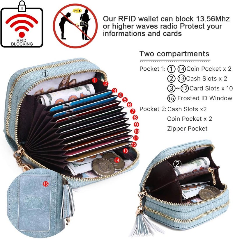 APHISON RFID Credit Card Holder Zipper Card Case Keychain Small Wallet for Women 1942-2 BLUE - Image 3