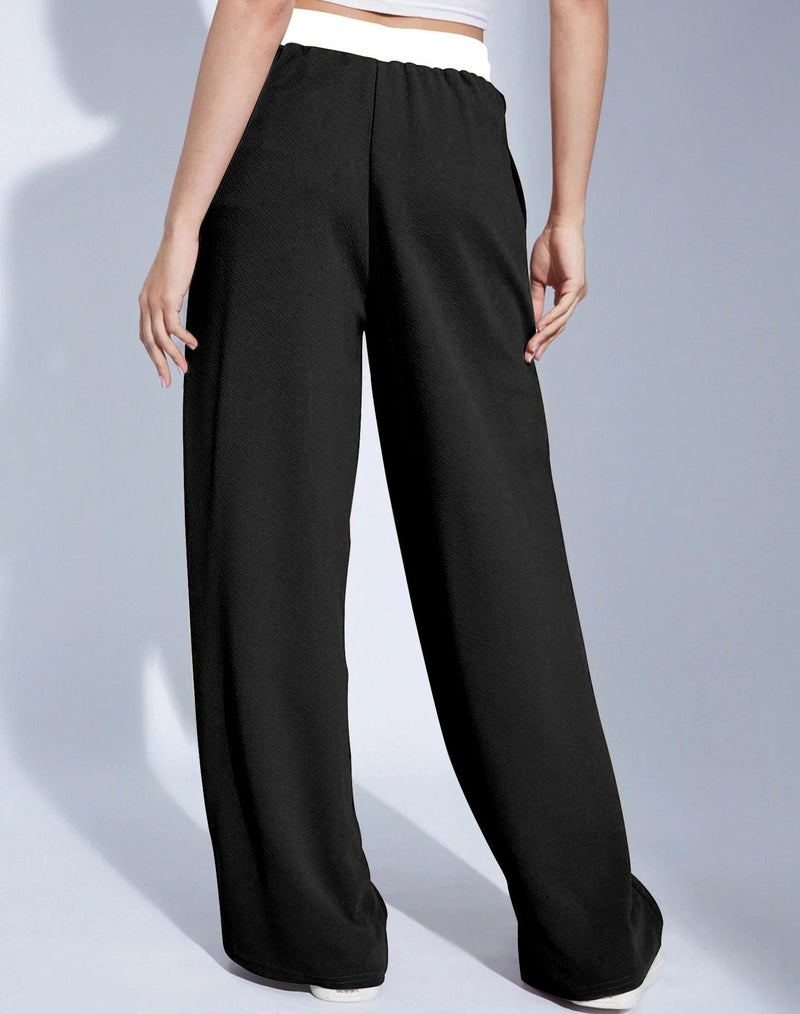VALLEY Wide Leg Drawstring Pants, with Contrast Waist Band || Casual Lounge Wear Side with Pockets, High Waisted, Relaxed Fit Trouser for Women (in, Alpha, L, Regular, Black) - Image 2