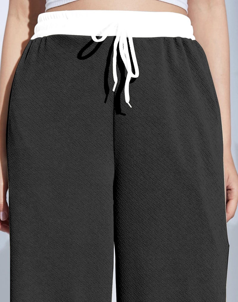 VALLEY Wide Leg Drawstring Pants, with Contrast Waist Band || Casual Lounge Wear Side with Pockets, High Waisted, Relaxed Fit Trouser for Women (in, Alpha, L, Regular, Black) - Image 3