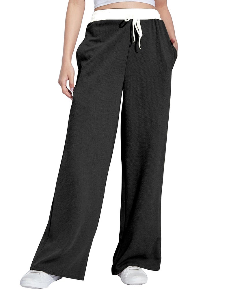 VALLEY Wide Leg Drawstring Pants, with Contrast Waist Band || Casual Lounge Wear Side with Pockets, High Waisted, Relaxed Fit Trouser for Women (in, Alpha, L, Regular, Black) - Image 1