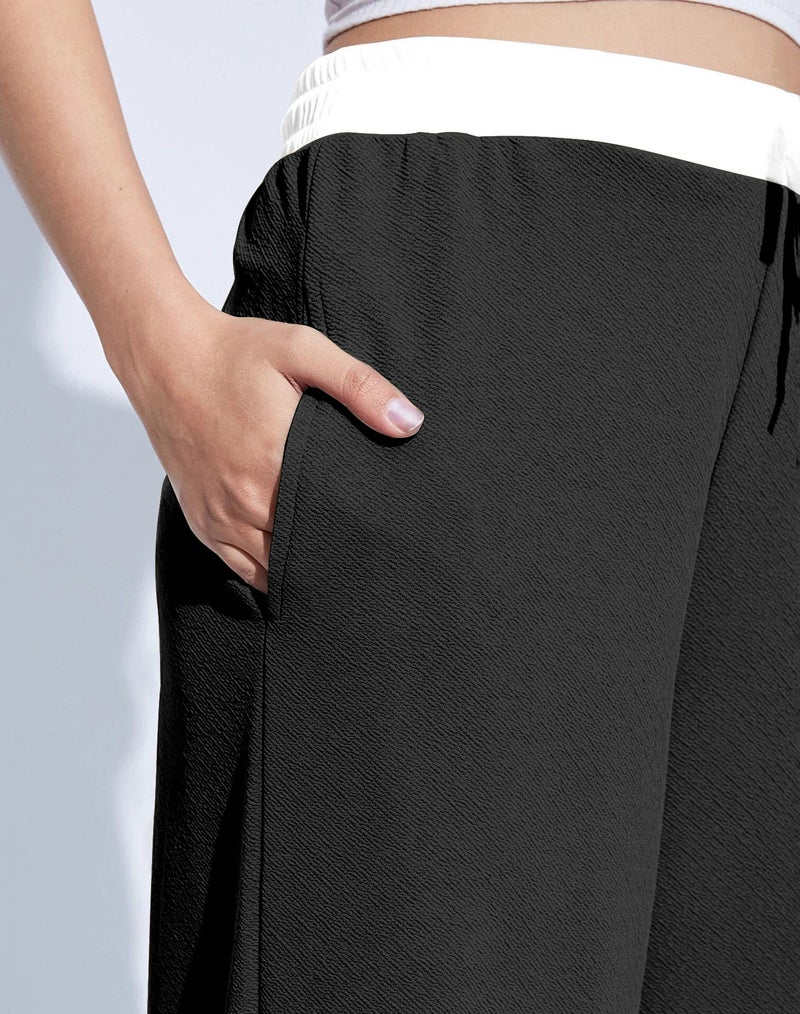 VALLEY Wide Leg Drawstring Pants, with Contrast Waist Band || Casual Lounge Wear Side with Pockets, High Waisted, Relaxed Fit Trouser for Women (in, Alpha, L, Regular, Black) - Image 5