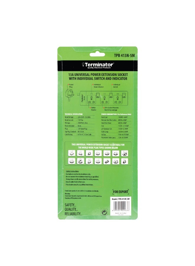 Terminator Terminator 3-Way Universal Extension Socket – 5M Cable, Individual Switches, LED Indicators, 13A Fused Plug - Image 3