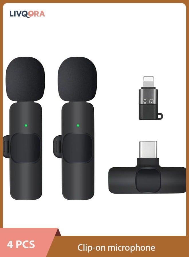 ليفقورا ميكروفون لافاليير لاسلكي لأجهزة iPhone وType-C Android - التوصيل والتشغيل، إلغاء الضوضاء، ميكروفون مزدوج، 2.4 جيجا هرتز لتسجيل الفيديو، البث المباشر، التدوين المرئي، المقابلات، YouTube، TikTok، Zoom (ميكروفون مزدوج، عبوة من 4 قطع) - Image 1