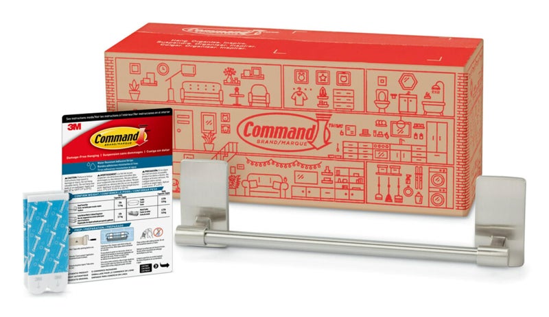 Command Hand Towel Bar Satin Nickel with Water Resistant Command Strips Bathroom Dcor 9 in Bar Length Holds up to 3 lbs