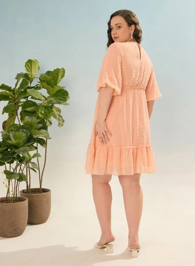 SASSAFRAS Plus Peach Dobby Skater Dress with Applique