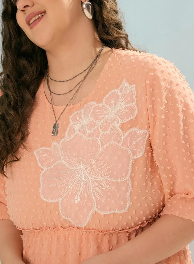 SASSAFRAS Plus Peach Dobby Skater Dress with Applique