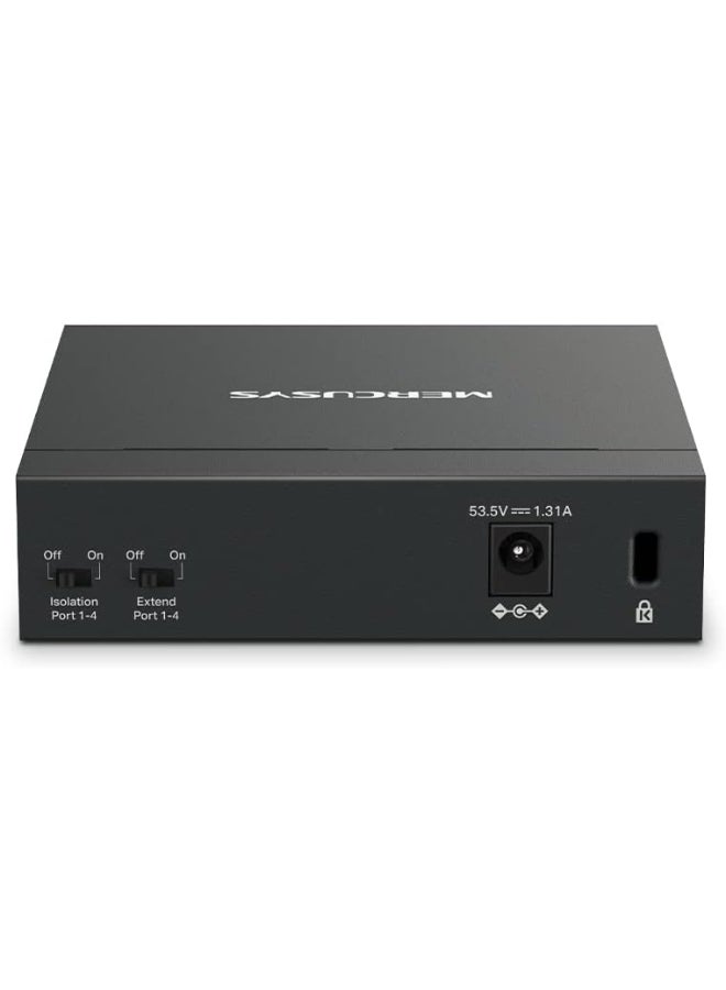 MERCUSYS 5-Port Gigabit Desktop Switch with  4-Port PoE+ 
PORT: 4× Gigabit PoE+ Ports, 1× Gigabit Non-PoE Port
SPEC: Compatible with 802.3af/at PDs, 65 W PoE Power, Desktop Steel Case, Wall Mounting
FEATURE: Extend Mode for 250m PoE Transmitting, Priority Port1-2, Isolation Mode, Plug and Play Black - Image 2