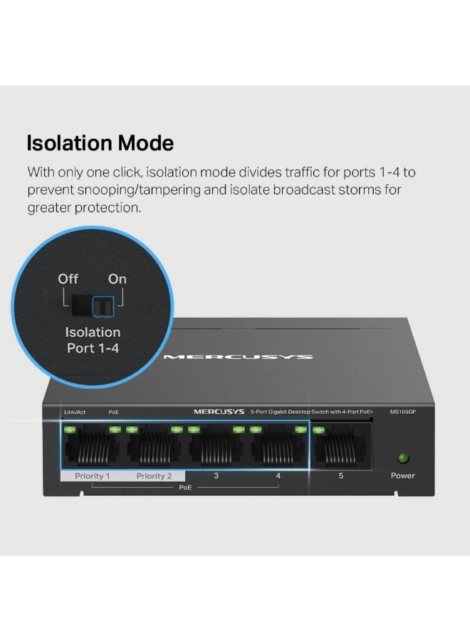 MERCUSYS 5-Port Gigabit Desktop Switch with  4-Port PoE+ 
PORT: 4× Gigabit PoE+ Ports, 1× Gigabit Non-PoE Port
SPEC: Compatible with 802.3af/at PDs, 65 W PoE Power, Desktop Steel Case, Wall Mounting
FEATURE: Extend Mode for 250m PoE Transmitting, Priority Port1-2, Isolation Mode, Plug and Play Black - Image 4