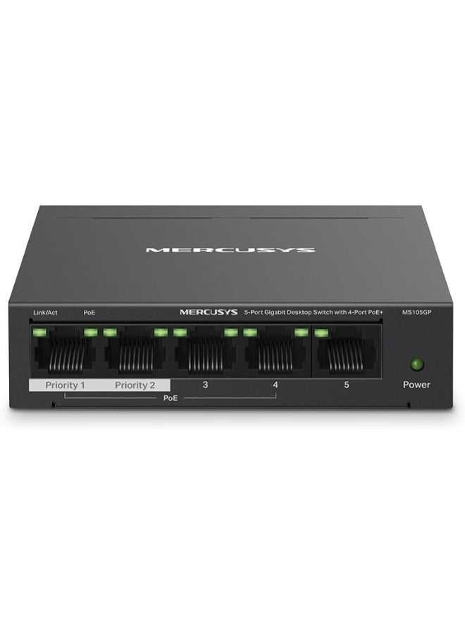 MERCUSYS 5-Port Gigabit Desktop Switch with  4-Port PoE+ 
PORT: 4× Gigabit PoE+ Ports, 1× Gigabit Non-PoE Port
SPEC: Compatible with 802.3af/at PDs, 65 W PoE Power, Desktop Steel Case, Wall Mounting
FEATURE: Extend Mode for 250m PoE Transmitting, Priority Port1-2, Isolation Mode, Plug and Play Black - Image 1