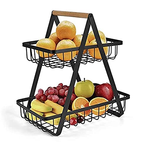 HOME CUBE 2-Tier Countertop Fruit Basket Fruit Bowl Bread Basket Vegetable Holder for Kitchen Storage Rack (Black, Iron) 30x18x32 cm - Image 1