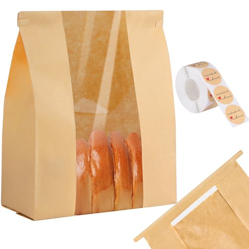 woric 120 Bread Bags for Homemade Bread Sourdough Bread Bag with Window 14 X 83 X 35 Large Paper Bakery Bags with Tin Tie Tab Lock Stickers for Food Cookies Packaging Storage - Image 1