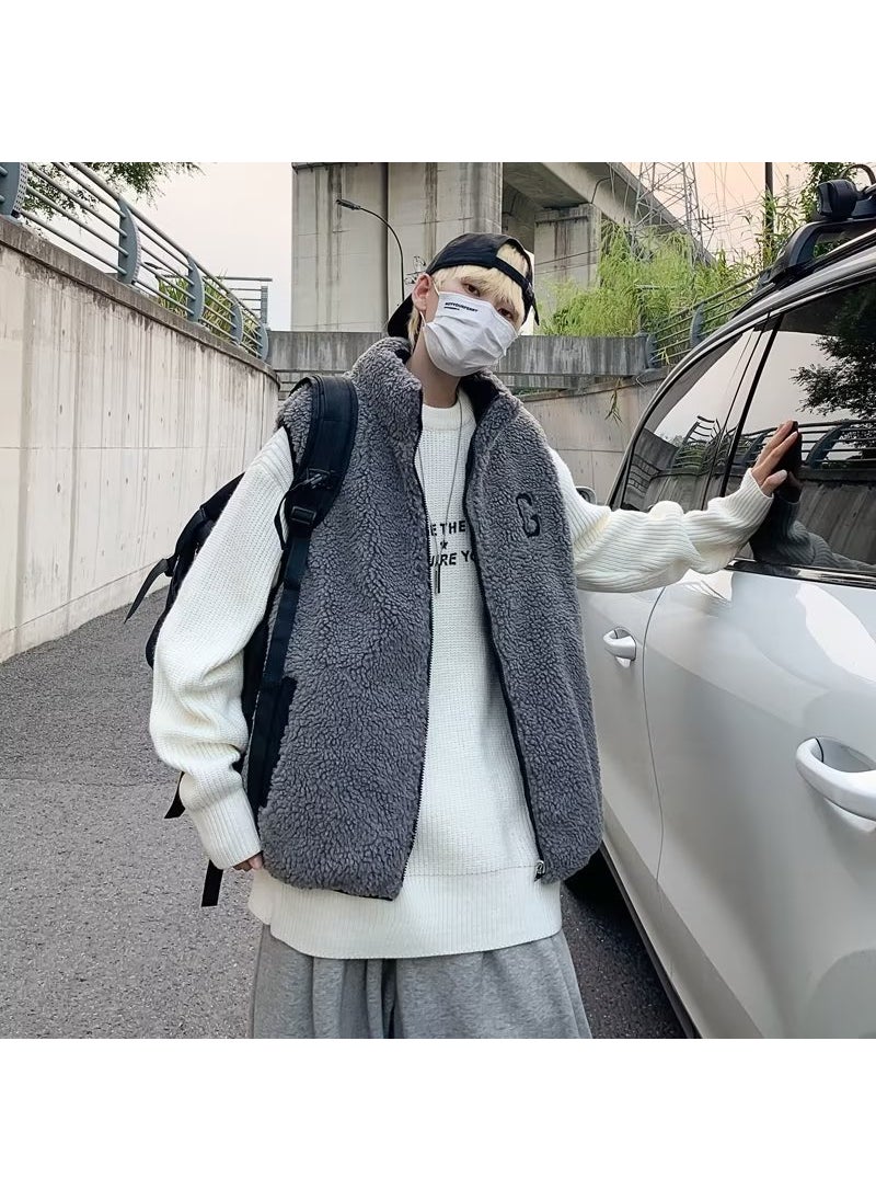 Generic Mens Autumn/winter Loose-fit Trendy Casual Double-sided Wearable Cotton Vestjacket Sheep Velvet Surf Style Hong Kong Fashion Gray spell Black 