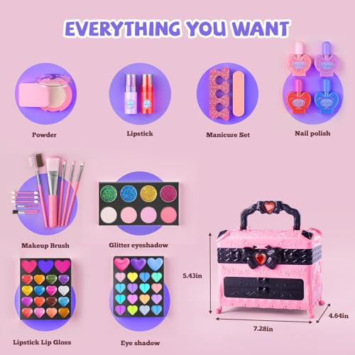 GORISPI Kids Makeup Sets for Girls 66pcs Real Cosmetic for Kids Toys with Mirror Princess Washable Girls Makeup Kit NonToxic Safe Brithday Gifts for 3 4 5 6 7 8 10 12 Years OldPink Black - Image 5