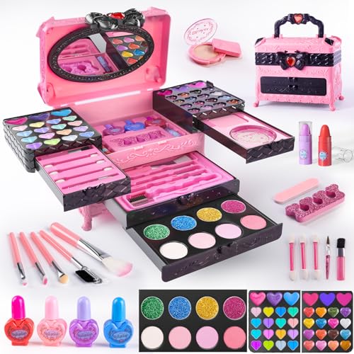 GORISPI Kids Makeup Sets for Girls 66pcs Real Cosmetic for Kids Toys with Mirror Princess Washable Girls Makeup Kit NonToxic Safe Brithday Gifts for 3 4 5 6 7 8 10 12 Years OldPink Black - Image 1