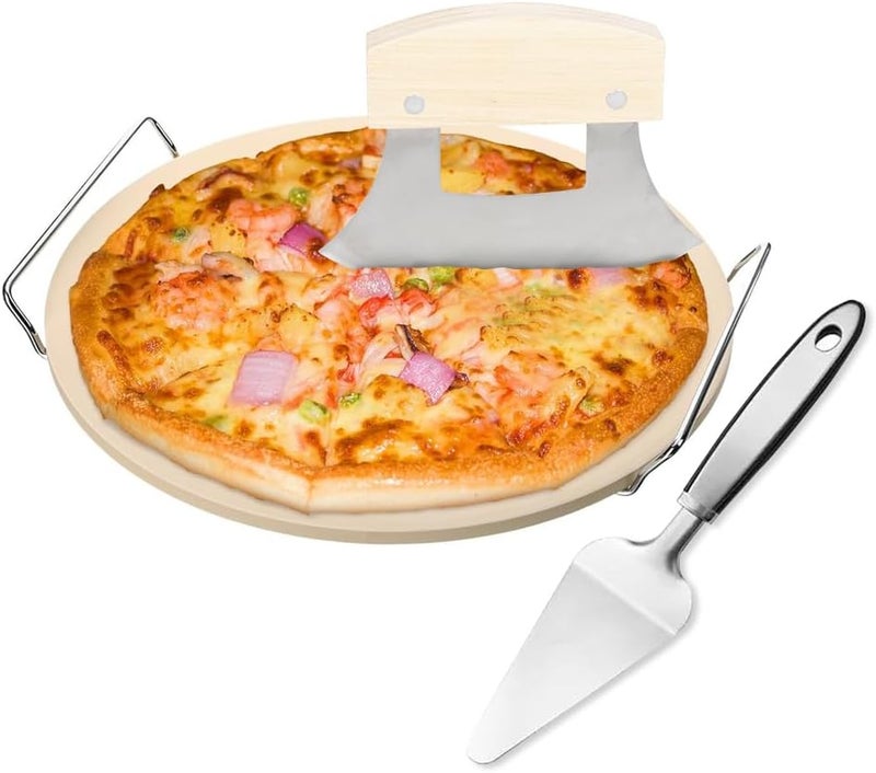 Senvasfa Delux Pizza Stone Set with Pizza Cutter Pizza Server, 13" Ceramic Round Baking Stone for Oven and Grill, Quick Baked & Serving Pizza in Home & Outdoor - Image 3