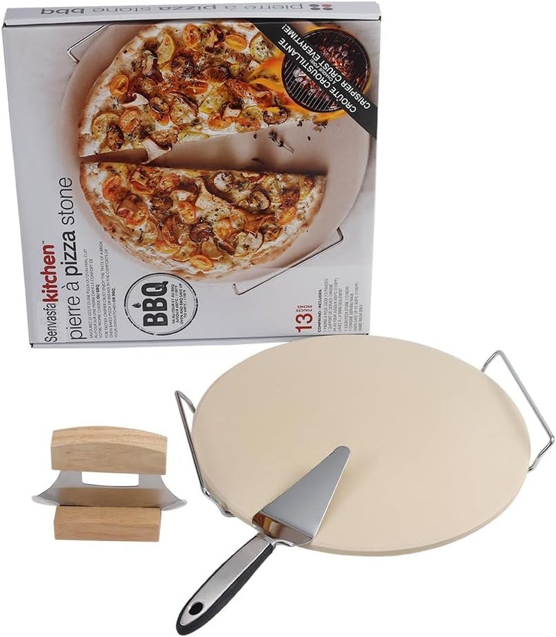 Senvasfa Delux Pizza Stone Set with Pizza Cutter Pizza Server, 13" Ceramic Round Baking Stone for Oven and Grill, Quick Baked & Serving Pizza in Home & Outdoor - Image 1