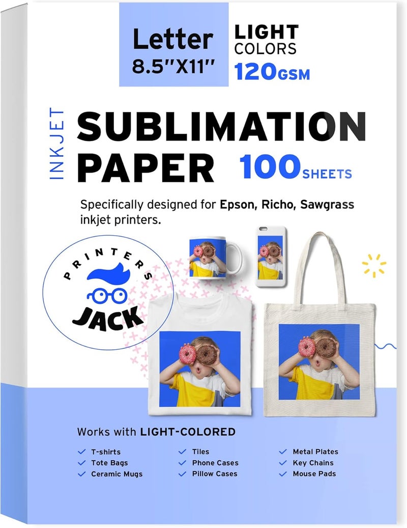 Printers Jack Sublimation Paper - 8.5 x 11 Inches, 100 Sheets 120gsm for Any Epson Sawgrass Inkjet Printer with Sublimation Ink, Heat Transfer Sublimation Paper for T-shirt, Mugs, Light Fabric - Image 1
