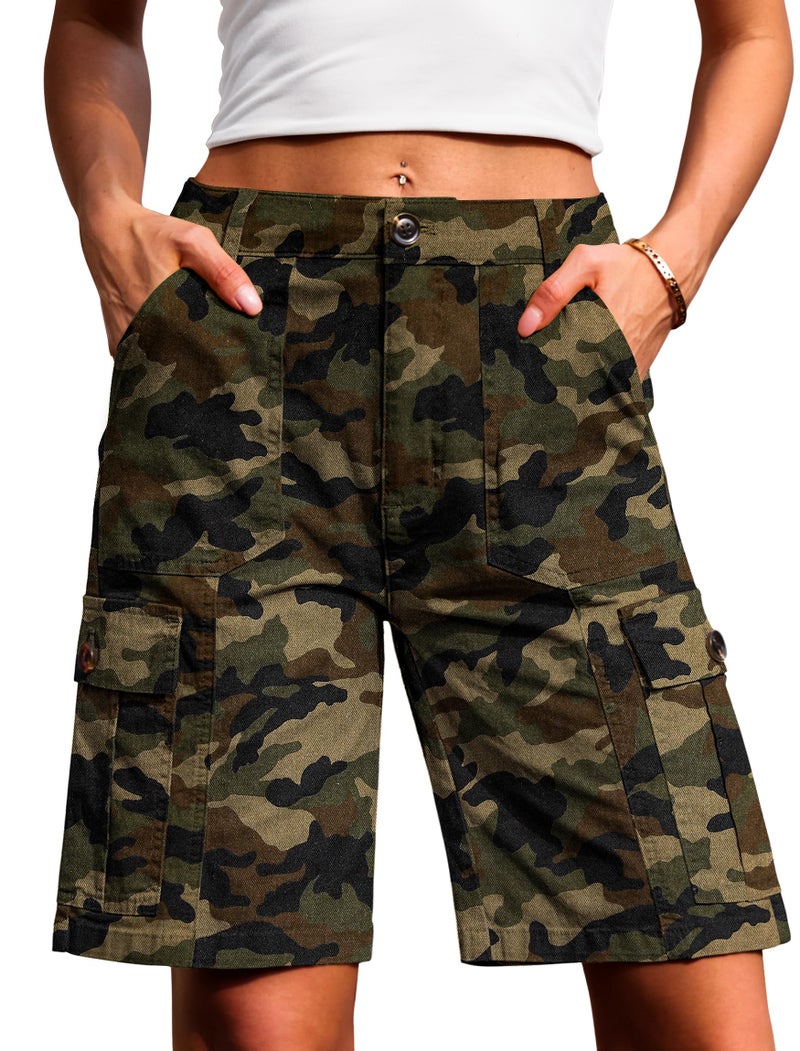 Eddoyee Bermuda Cargo Shorts for Women Casual Long Knee Length High Waisted Stretch Wide Leg Relaxed Fit(Camo, Large) - Image 1