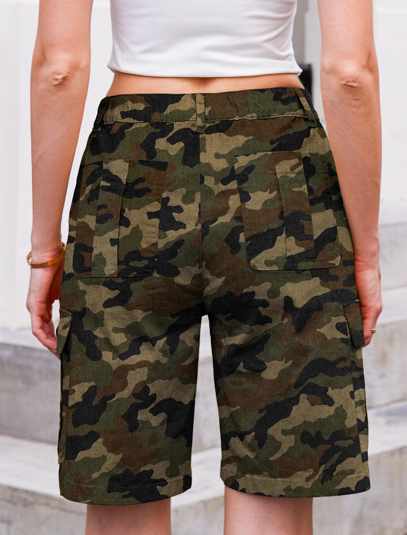 Eddoyee Bermuda Cargo Shorts for Women Casual Long Knee Length High Waisted Stretch Wide Leg Relaxed Fit(Camo, Large) - Image 2