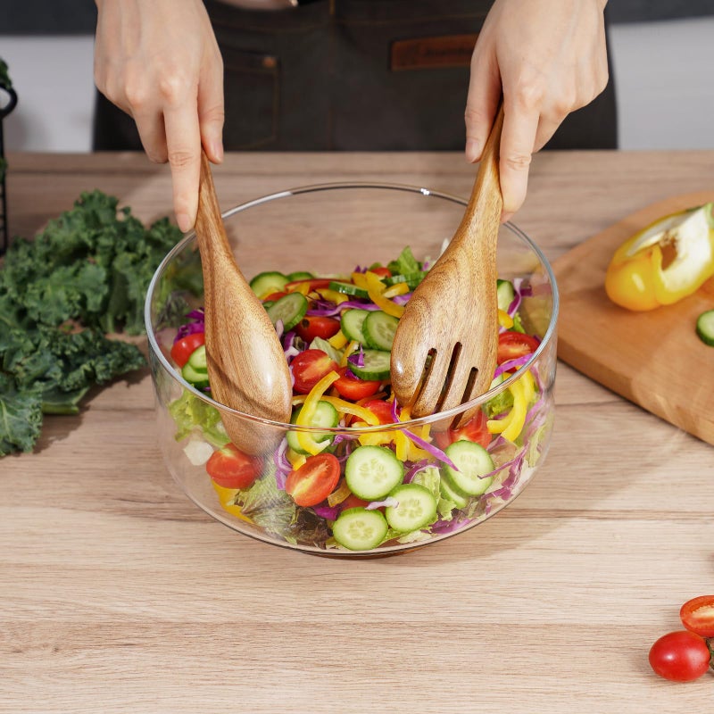 NiHome Glass Salad Bowl with Acacia Wood Salad Tongs, Large Capacity Design with Enhanced Stability, Versatile Serving Dish for Salads, Fruits, Ideal for Gatherings & Daily Family Dining - Image 5