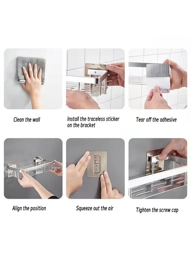 لوكيبا رف دش بدون حفر للركن، عبوة من 1 منظم حمام، رف حمام ذاتي اللصق، رف حمام مقاوم للصدأ مع 4 علاقات، رف زاوية الدش، سلة دش بدون حفر - Image 4