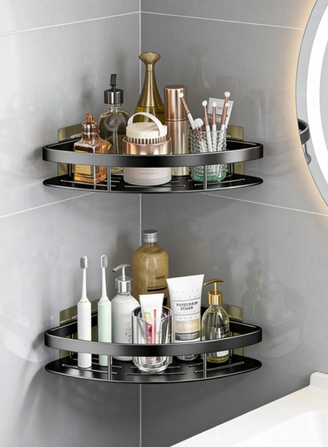 لوكيبا رف دش بدون حفر للركن، عبوة من 1 منظم حمام، رف حمام ذاتي اللصق، رف حمام مقاوم للصدأ مع 4 علاقات، رف زاوية الدش، سلة دش بدون حفر - Image 1