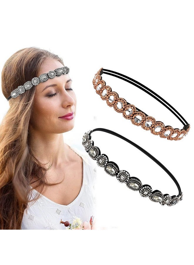 PALAY¬Æ 2pcs Beaded Headband for Women, Crystal Rhinestone Elastic Hair Bands Fashion Handmade Headband for Girls Ladies Gift - Image 1