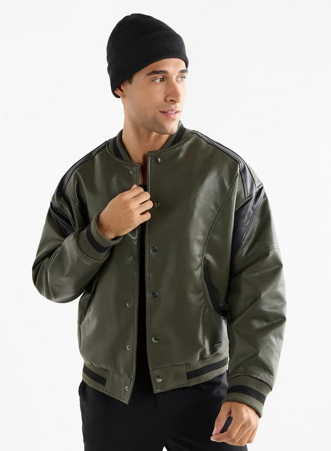 Solid Bomber Jacket with Snap Button Closure